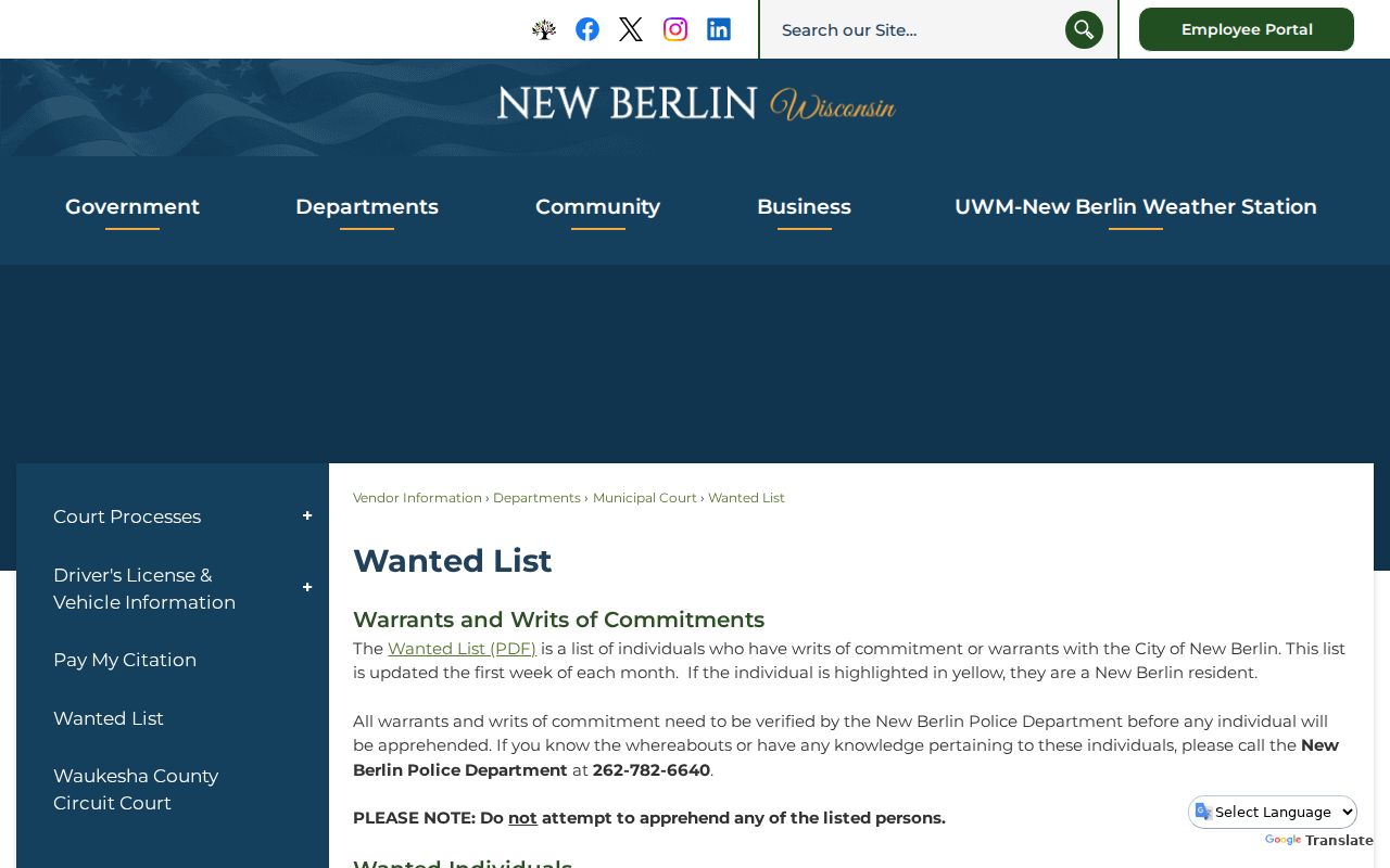 New Berlin criminal record access through the monthly wanted list